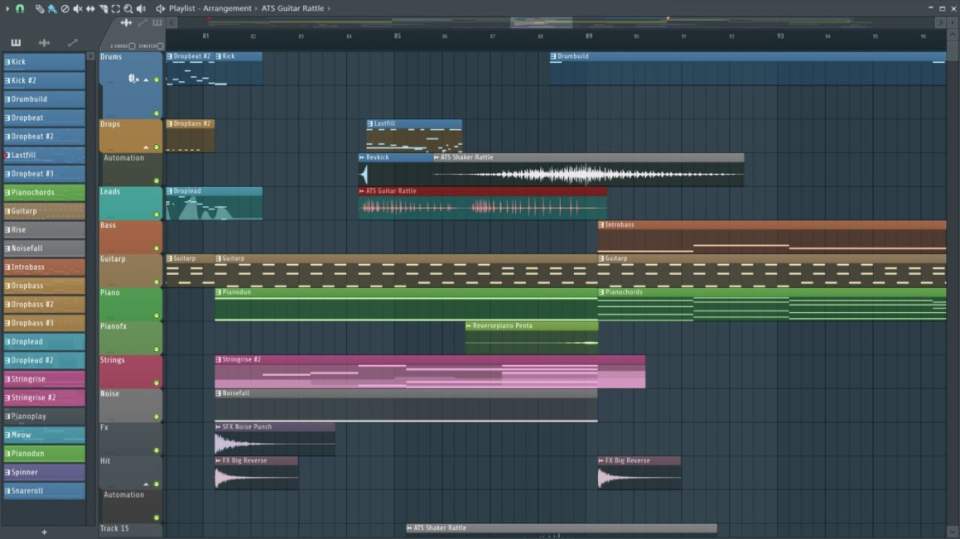 FL Studio Mixer, Kanal-Rack und Playlist in einer Arbeitsbereichsansicht
